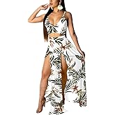 EOSIEDUR Women's Chiffon Bohemian Floral Printed 2 Piece Sets Crop Cami Top & Split Beach Party Maxi Dress