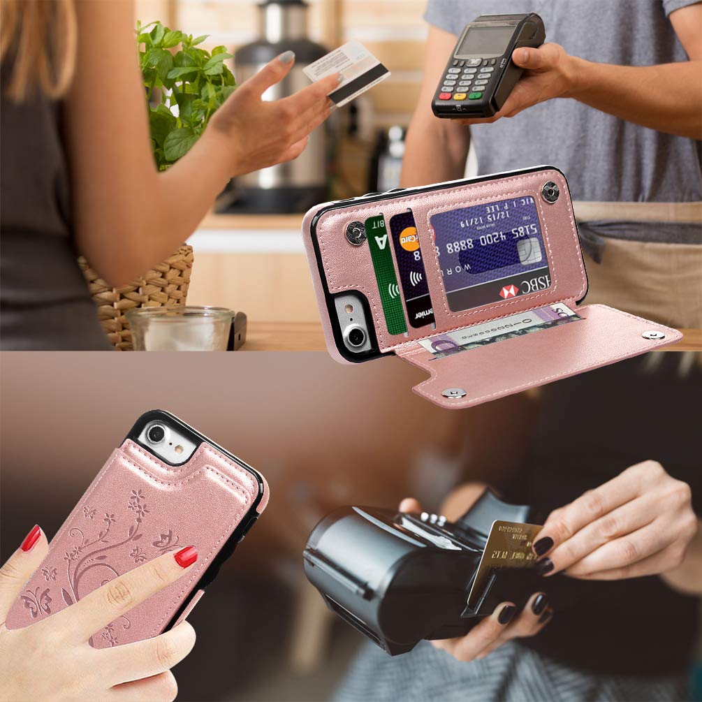 Promixc iPhone 7 Case, iPhone 8 Wallet Case with Card Holder Embossed Butterfly PU Leather Kickstand ID Credit Card Slots Folio Flip Protective Skin Cover for Apple iPhone 7/iPhone 8 Rose Gold