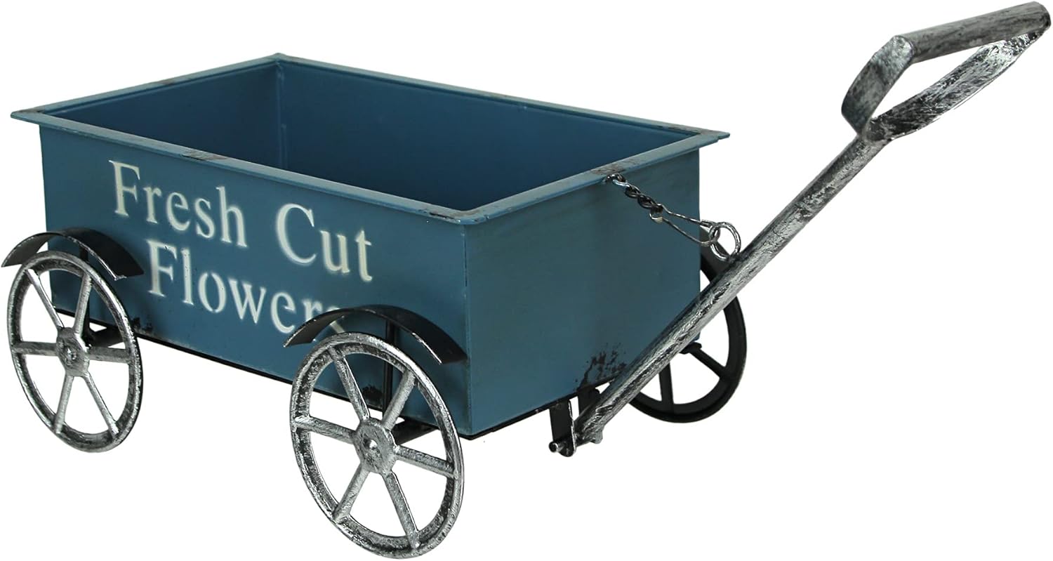 Rustic Blue Fresh Flowers Wagon Planter Stand Cart Indoor Outdoor Garden Decor