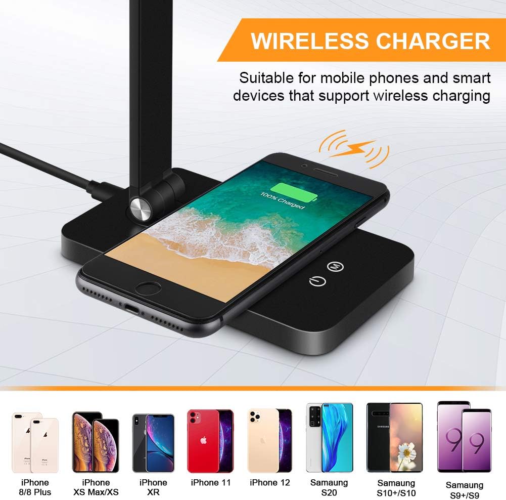 LED Desk Lamp, Desk lamp with Wireless Charger, USB Charging Port, Eye-Caring Desk Lamps for Home Office, 5 Lighting Modes and 3 Brightness Levels, Touch Table Lamp for Study, Work, Reading Light - - 