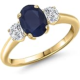 Gem Stone King 10K Yellow Gold Blue Sapphire and Lab Grown Diamond 3-Stone Engagement Ring For Women | 2.34 Cttw | 3 Stone Wedding Engagement Anniversary Promise Ring For Women