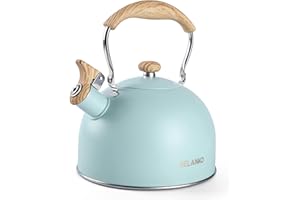 Tea Kettle, BELANKO 85 OZ / 2.5 Liter Whistling Tea Kettle, Tea Pots for Stove Top Food Grade Stainless Steel with Wood Pattern Folding Handle, Loud Whistle Kettle for Tea, Coffee, Milk - Turquoise