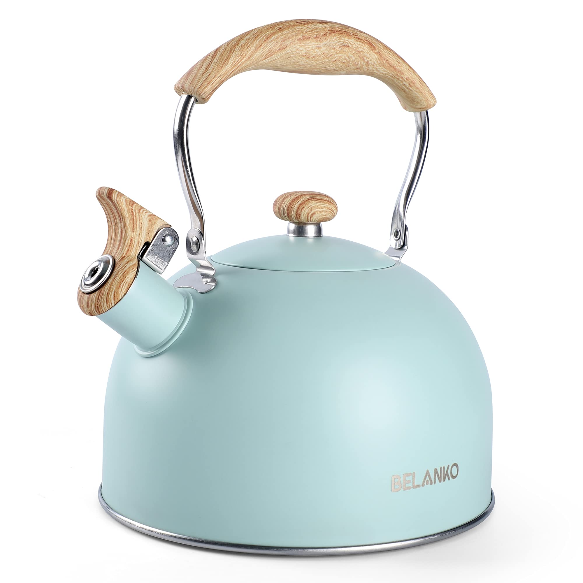 Photo 1 of Tea Kettle, BELANKO 85 OZ / 2.5 Liter Whistling Tea Kettle, Tea Pots for Stove Top Food Grade Stainless Steel with Wood Pattern Folding Handle, Loud Whistle Kettle for Tea, Coffee, Milk - Turquoise