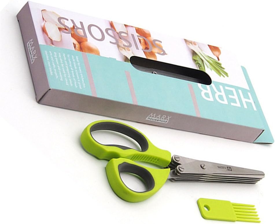 EIALA Herb Scissors Stainless Steel - Multipurpose Kitchen Shear with 5 Blades and Cover with Cleaning Comb (Green)