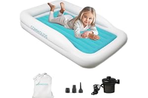 COMMOUDS Portable Toddler Travel Bed with Safety Bumpers, Inflatable Kids Air Mattress with Electric Pump, Baby Blow up Mattress, for Grandma's Home Camping Vacation