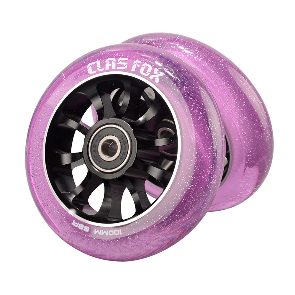 CLAS FOX Pro Stunt Roller Scooter Wheels 100 mm, One Pair with ABEC-9 Ball Bearings, CNC Metal Core (2 Pieces) (Transparent Purple)
