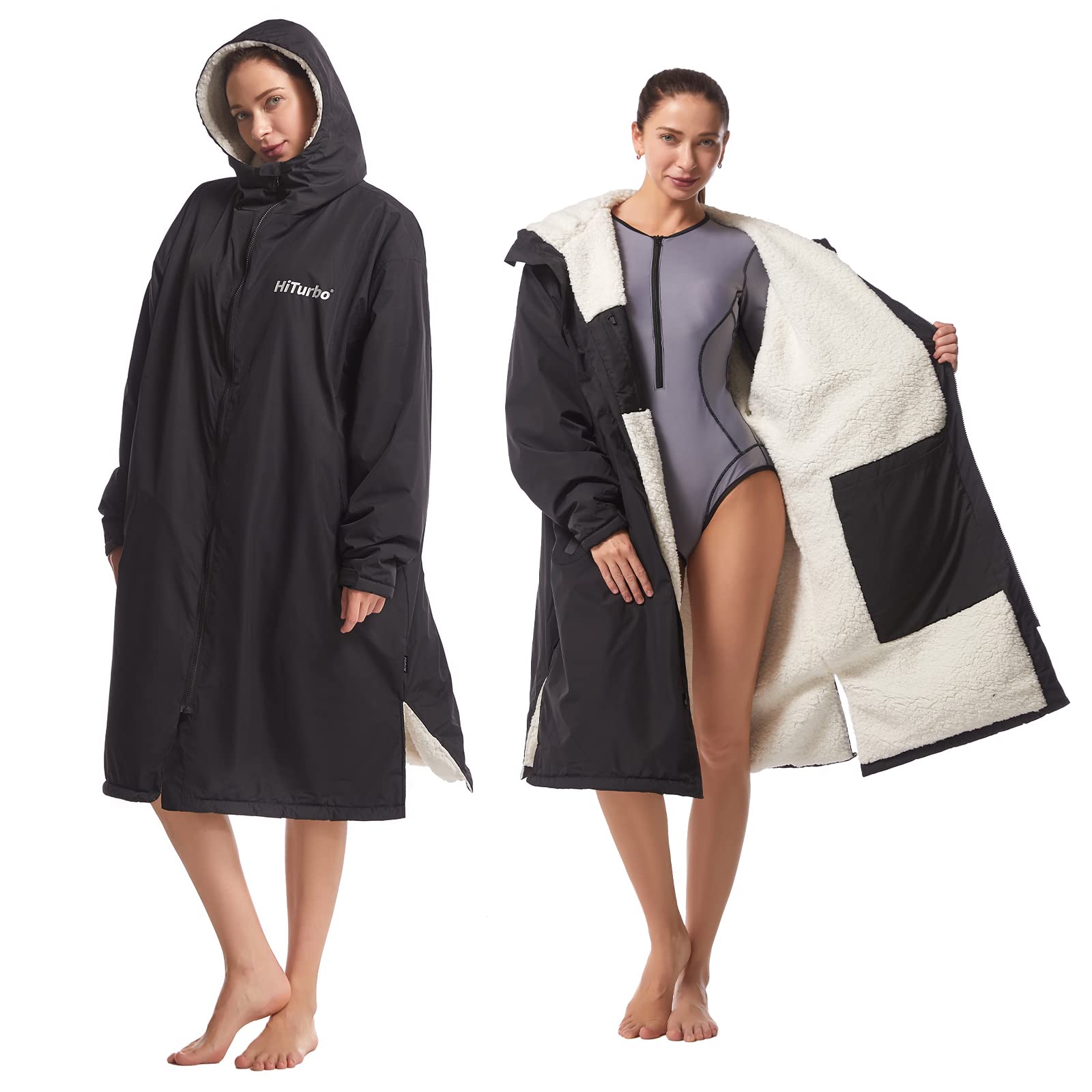 Photo 1 of Hiturbo Warm Waterproof Swim Parka: Oversized Hooded Changing Robe - Sherpa Liner Swimming Coat - Recycled Fabric Surf Poncho (Black)