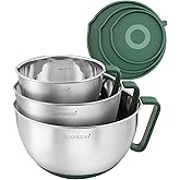 Rorence Mixing Bowls Set: Stainless Steel Non-Slip Bowls with Pour Spout, Handle and Lid - Set of 3 - Green