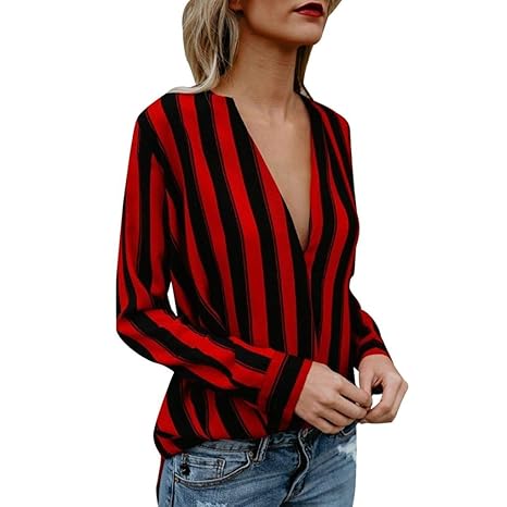 JURTEE Sommer Damen Streifen Oberteile Tiefem V-Ausschnitt Langarm Gestreift Irregulär Saum T-Shirt Bluse Tops