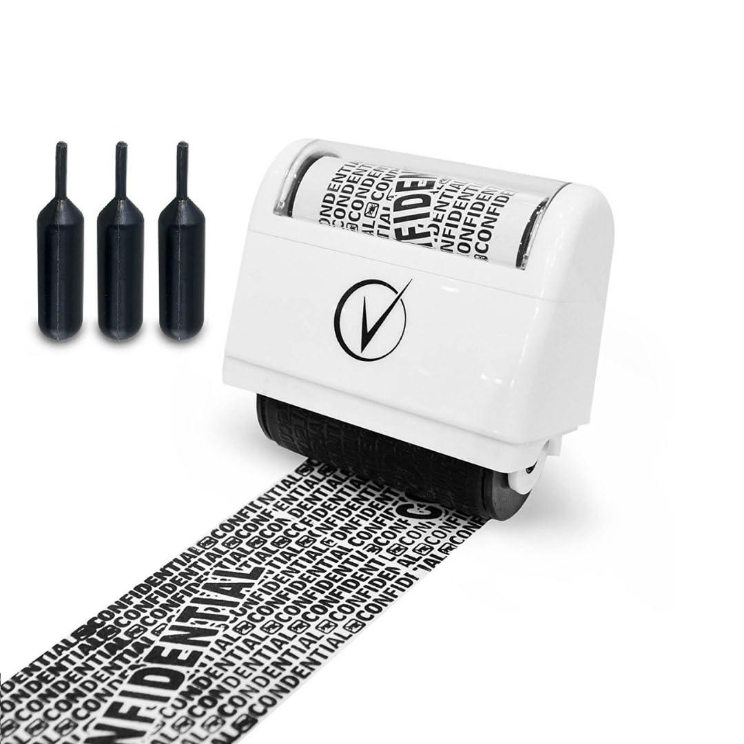 Vantamo Address Blocker Stamp for Hiding Sensitive Information, Wide Identity Theft Protection Roller Stamp with 3 Refills, Confidential Ink Roller for Personal Data Theft Prevention, Classy White
