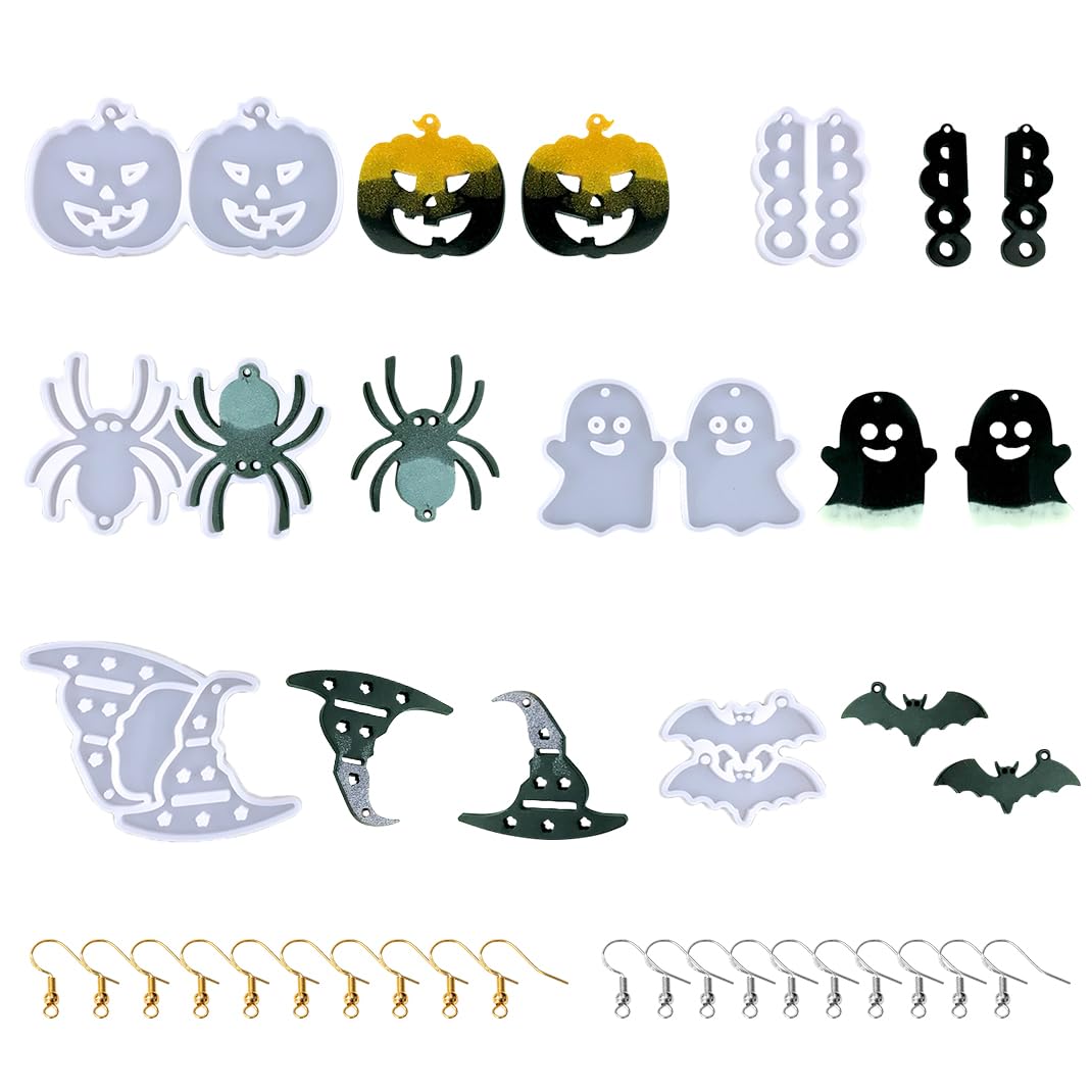 DIYBravo 8 pcs Resin Moulds Halloween Earring Ghost Pumkins Skull Bat Spider Web, 3D Horror Bookmark Jewelry Making Moulds Kit for Epoxy Casting Handcraft Gift (with 20 Hooks)