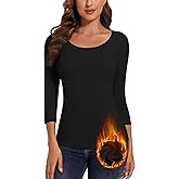 WOWENY Women's 3/4 Sleeve Thermal Shirts Fleece Lined Tops Winter Warm Base Layer Cold Weather Underwear