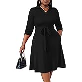 FANDEE Plus Size Midi Dress for Women - Printing Summer Dresses for Wedding Guest Cocktail Party 3/4 Sleeve V Neck(L-5XL)