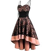 Women’s Vintage Steampunk Dress Spaghetti Strap Bandage Dresses Floral Lace High Low Dress Lolita Halloween Costumes