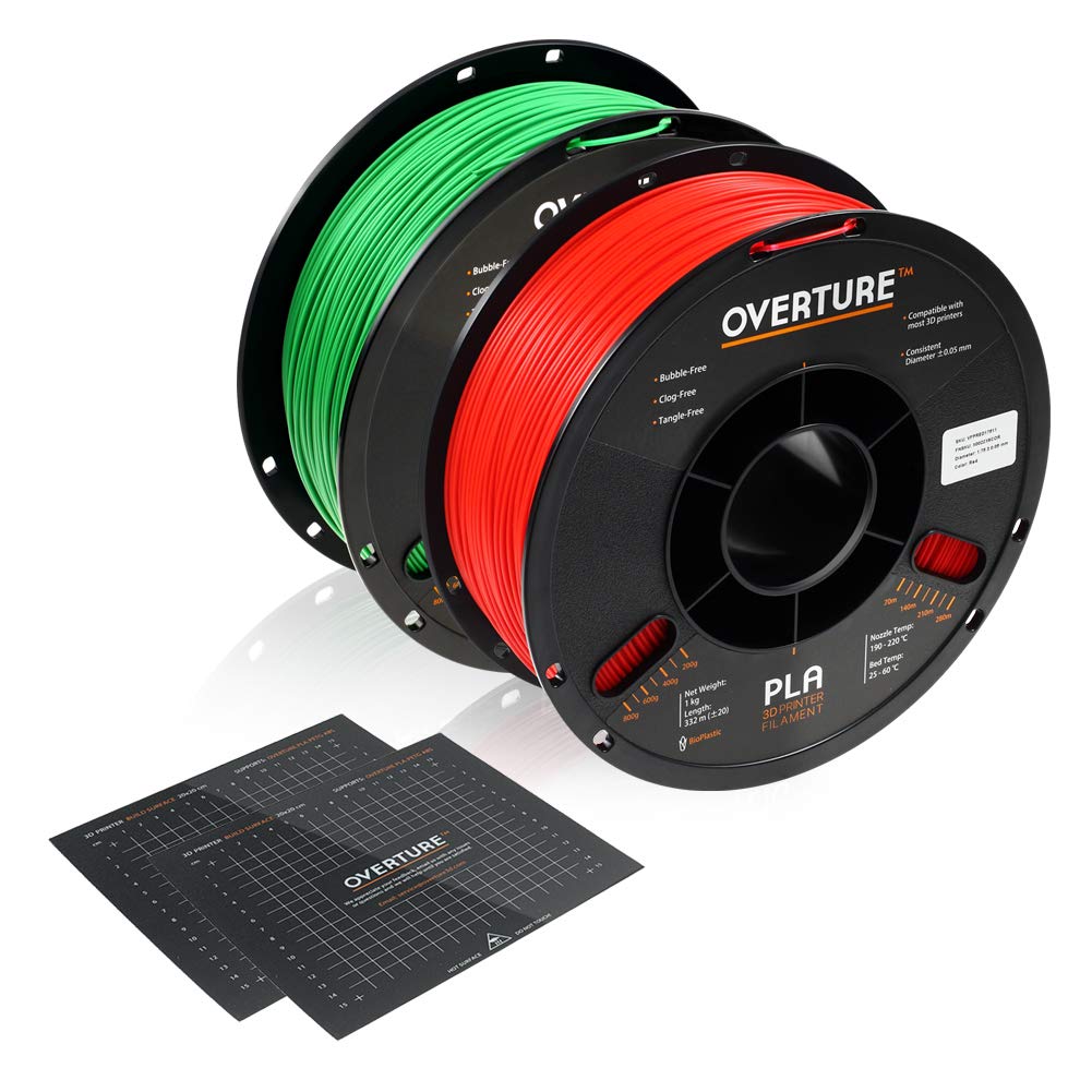 OVERTURE 3D Printer Filament PLA Filament 1.75mm, 2kg Cardboard Spool (4.4lbs), Fit Most FDM 3D Printers,Dimensional Accuracy +/- 0.03mm(Red + Green)