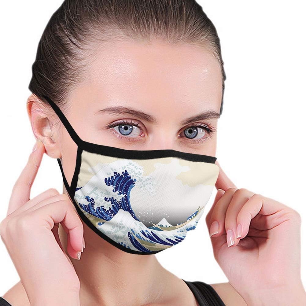 Download Amazon Com Jdeyh Face Cover Mouth Decorative Mask Wave Hokusai Pattern Japanese Ukiyoe Themed Oriental Sketch Style Ocean Navy Beige 4536 Clothing PSD Mockup Templates