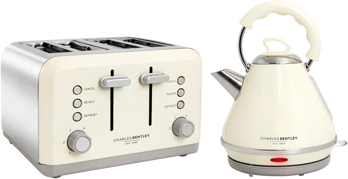 Charles Bentley Cream & Grey 3kW 1.7 Pyramid Kettle And 4 Slice Toaster