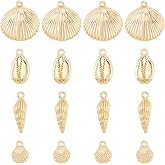 SUNNYCLUE 1 Box 24Pcs Sea Shells Charms Gold Cowrie Shells Bulk Summer Beach Ocean Sea Golden Shell Conch Scallop Charm for DIY Crafting Earrings Bracelets Necklaces Jewelry Making Supplies Adult