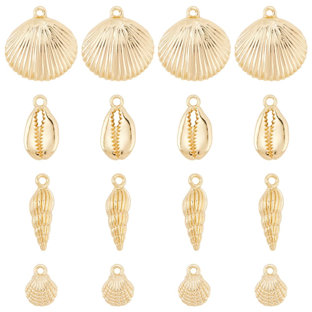 SUNNYCLUE 1 Box 24Pcs Sea Shells Charms Gold Cowrie Shells Bulk Summer Beach Ocean Sea Golden Shell Conch Scallop Charm for DIY Crafting Earrings Bracelets Necklaces Jewellery Making Supplies Adult