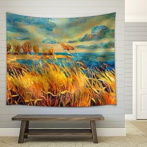 Original Oil Painting Showing Beautiful Lake,Sunset Landscape.Fern(Rush),Sky and Clouds - Fabric Wall Tapestry Home Decor - 51x60 inches