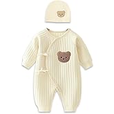 Newborn Baby Onesie with Hat,100% Cotton Cute Bear Long Sleeve Baby Grows Bodysuit, Soft Infant Newborn Boy's Girl's Clothes