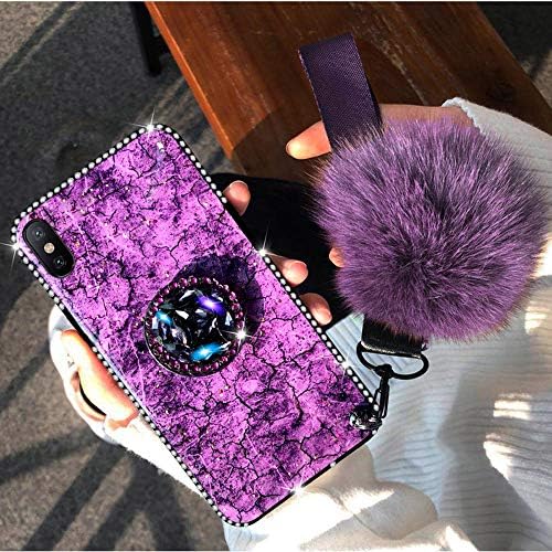 Glitter Case for iphone XS MAX and Screen Protector,QFFUN Bling Marble Pattern Design Soft Silicone Case with Stand Luxury Sparkly Diamond Frame Protective Cover with Pom Pom and Wrist Strap - Purple