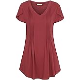 BAISHENGGT Women's Petal Short Sleeve Tunic Tops Casual V Neck Shirts Floral Pleated Summer T Shirt