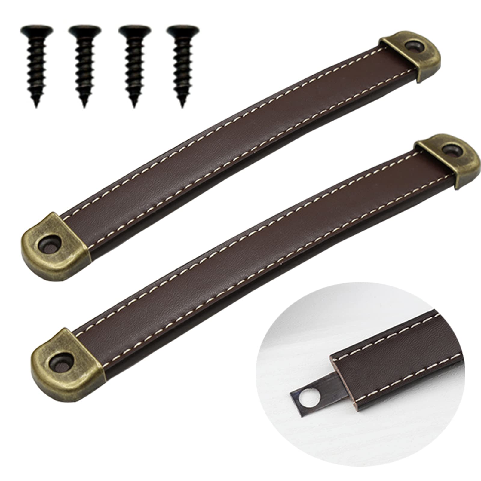 Photo 1 of ***SCREWS MISSING***OLAYA Suitcase Luggage Pulls Leather Handles Cabinet Knobs Drawer Pulls Dresser Knobs Door Knobs 2 Pcs Grip Replacement Metal Hardware for Cabinet Dresser Trunk Case with Screws, (2, Black Brown)