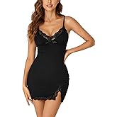 LYANER Women's Lingerie Sexy Lace V Neck Spaghetti Strap Nightgown Babydoll Chemise Nightdress