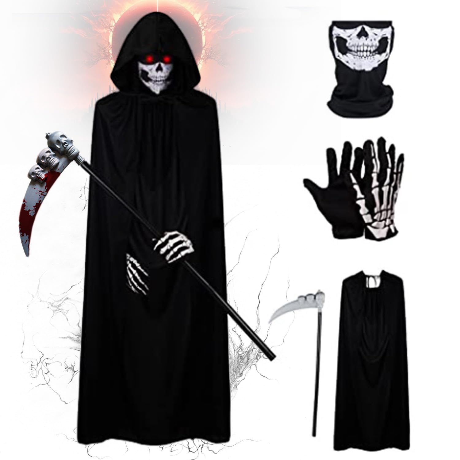Sinoeem Black Grim Reaper Costume 4 PCS Halloween Skeleton Reaper Fancy Dress 140CM Black Cloak Set with Glowing Glasses, Death Costume Party Cosplay Accessories for Adults Adolescent