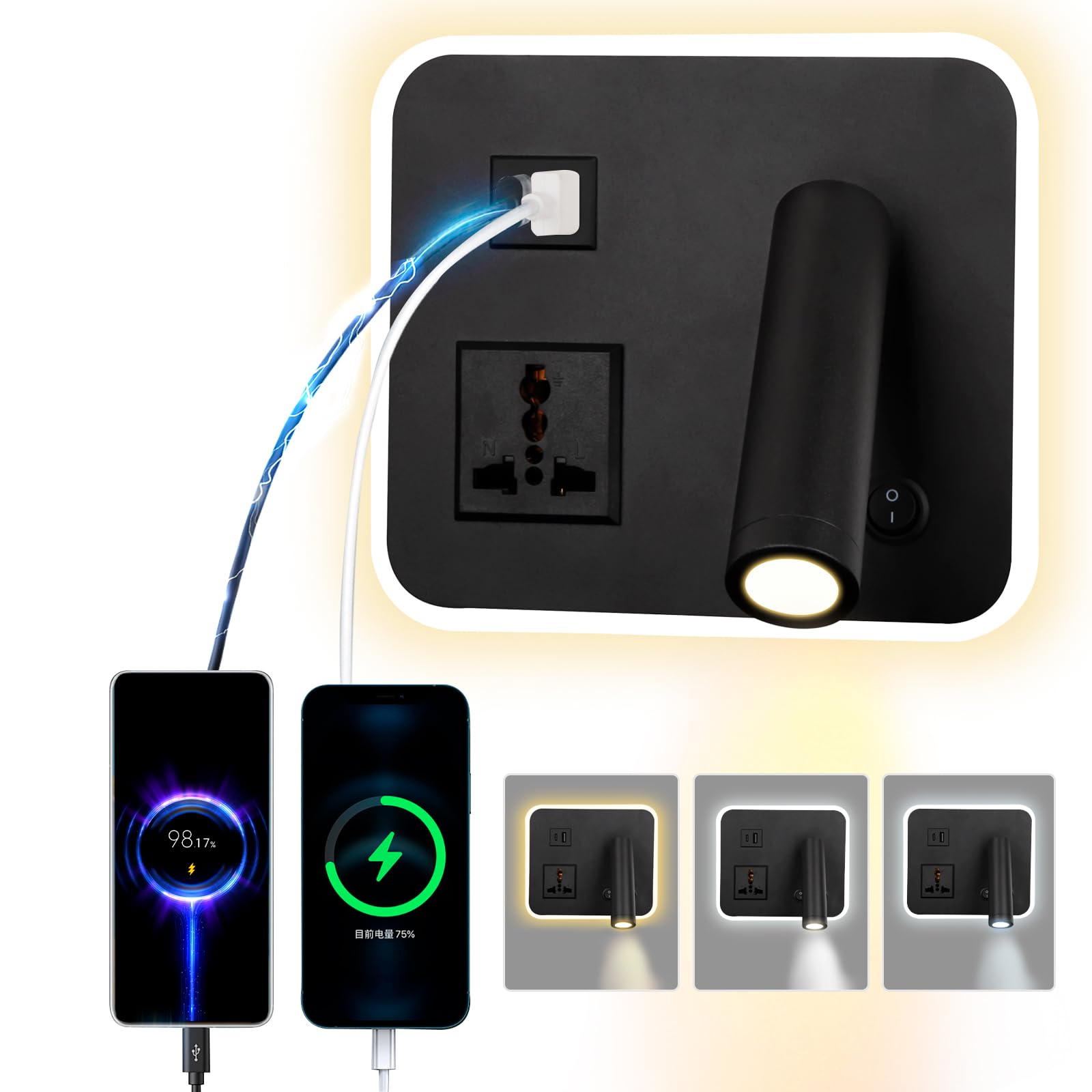 uksunvi LED Reading Wall lamp with Universal Socket, USB Type-C Dual Adjustable Charging Port Switch 12W Rotating Wall lamp with Three Color dimming (Square Black)