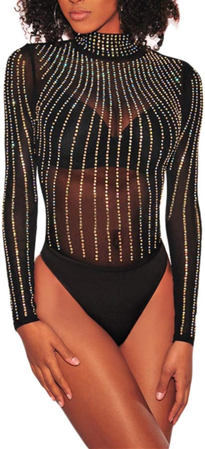 Ussuperstar Women's Sheer Long Sleeve Faux Bustier Mesh