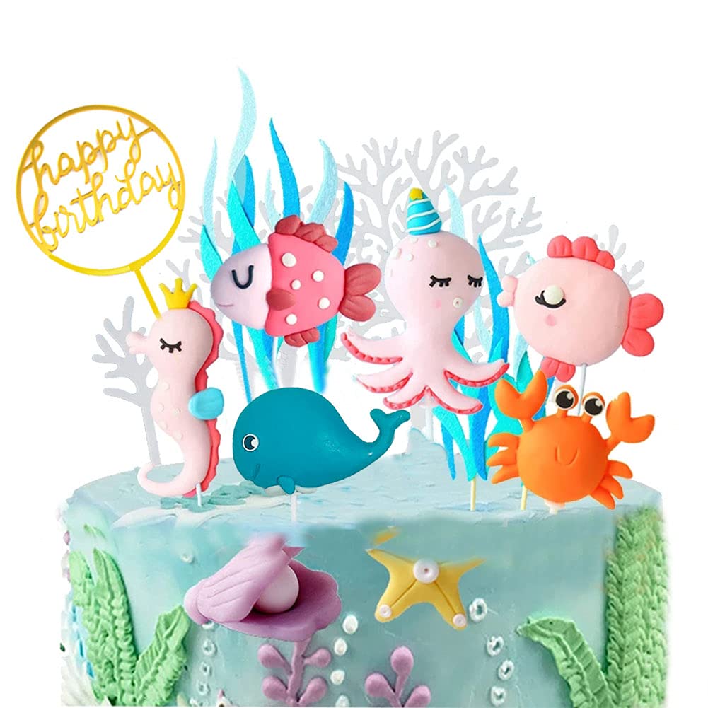 Morofme Sea Cake Toppers - 12pcs Ocean Animals Cake Decorations for Kids' Under the Sea Theme Birthday & Baby Shower Parties