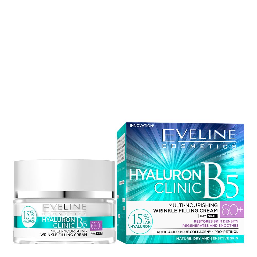 Eveline Cosmetics Hyaluron Expert Day and Night Cream 60+ - Advanced Anti-Ageing Treatment with Tri-Hyaluron, Ever Lift Complex & Blue Collagen for Intense Moisture and Firm Skin