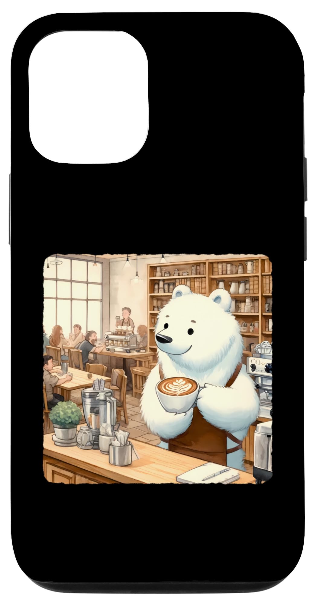 iPhone 13 Ice Bear Barista Making Latte Art. Cafe Bookshelves Patrons Case