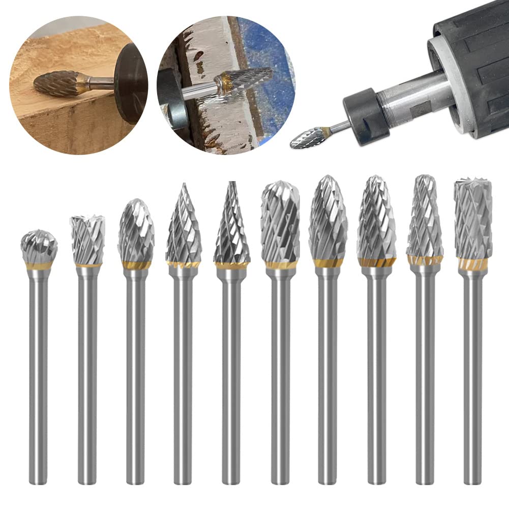 10 Pcs Double Cut Carbide Rotary Burr Set, 1/8”(3mm) Shank Wood Carving Accessories for Woodworking Drilling Engraving Polishing Trimming Grinding