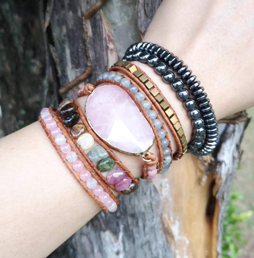 Natural Rose Quartz Watermelon Tourmaline Beaded Wrap Bracelet | Gemstone Wrap Bracelet | Rose Quartz Stone Beaded Wrap Bracelet | Pink Wrap Bracelet
