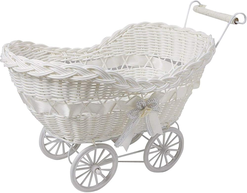 SAFRI Baby Pram Hamper Wicker Basket White with Handles Wheels Gift Idea