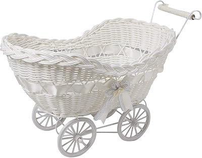 SAFRI Baby Pram Hamper Wicker Basket White with Handles Wheels Gift Idea