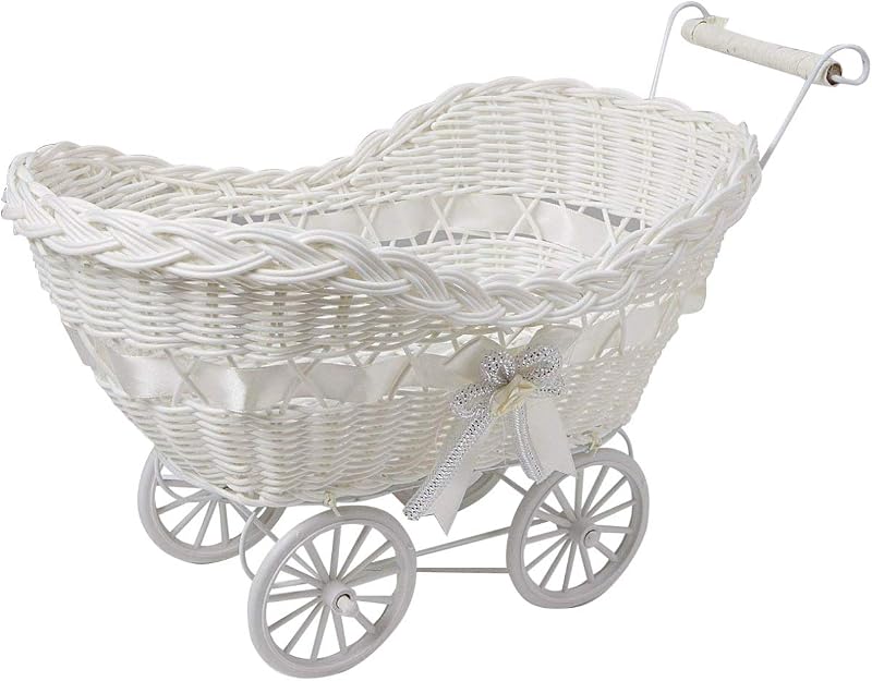 SAFRI Baby Pram Hamper Wicker Basket White with Handles Wheels Gift Idea