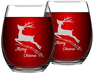 Set of 2 Merry Christmas Wine Glasses with White Christmas Deer Stemless Glasses Xmas Festival Decoration Christmas Holiday Festival Gifts for Family Friends(White Deer, 15 Oz)