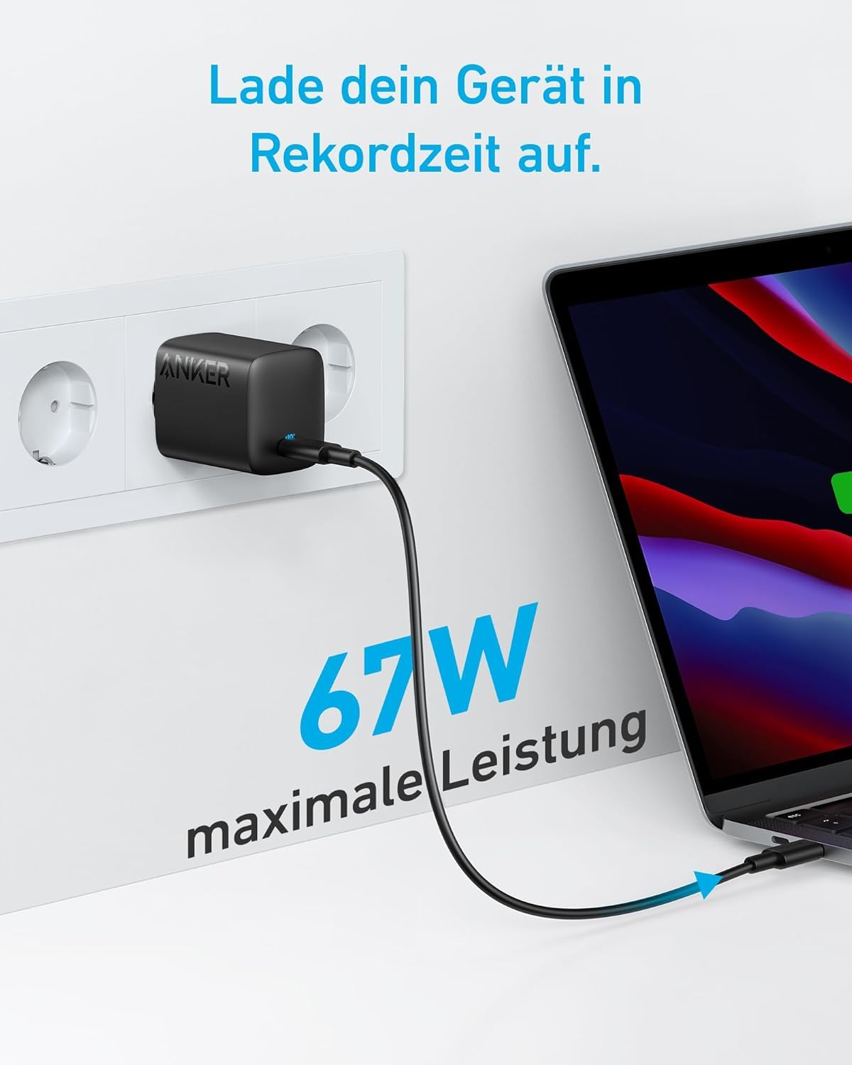 Anker 67W USB C Ladegerät, kompaktes Netzteil mit PIQ 3.0, für MacBook Air, iPhone 17/16/15 Series, iPad, Galaxy und mehr (USB-C Kabel enthalten) 2