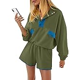 Fisoew Womens 2 Piece Sets Sweatsuits Casual Half Button Color Block Sweatshirts Running Shorts Tracksuits Fall Outfits