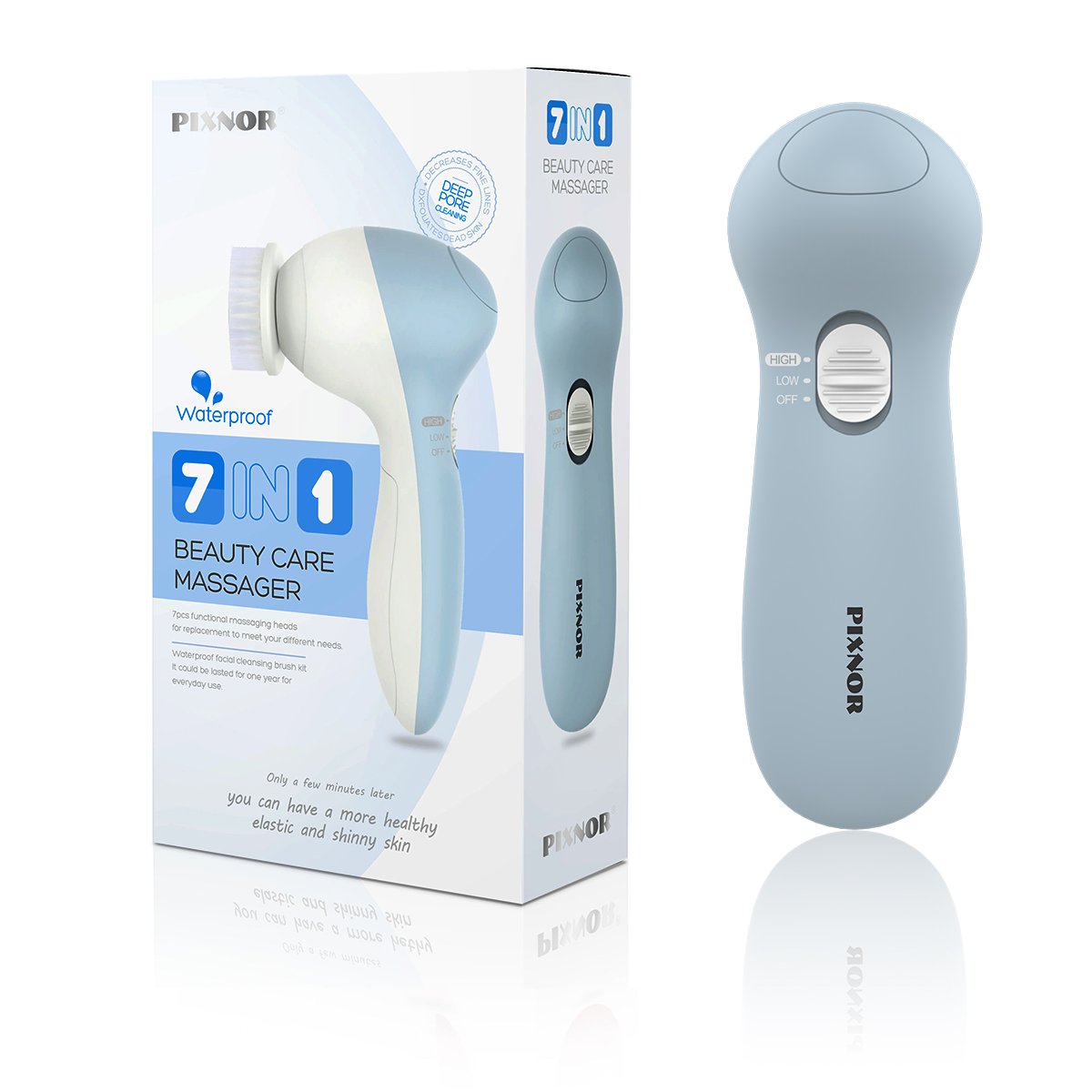 PIXNOR P2017 Waterproof Facial Cleansing Brush and Massager with 7 Brush Heads for Removing Blackhead, Exfoliating and Massaging (Light Blue): Beauty