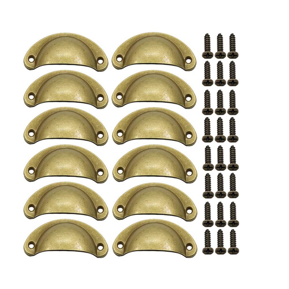 BOZONLI 12 Pack Retro Metal Kitchen Cupboard Drawer Cabinet Door Handles Knobs Yellow Bronze Shell Cup Pull Handle