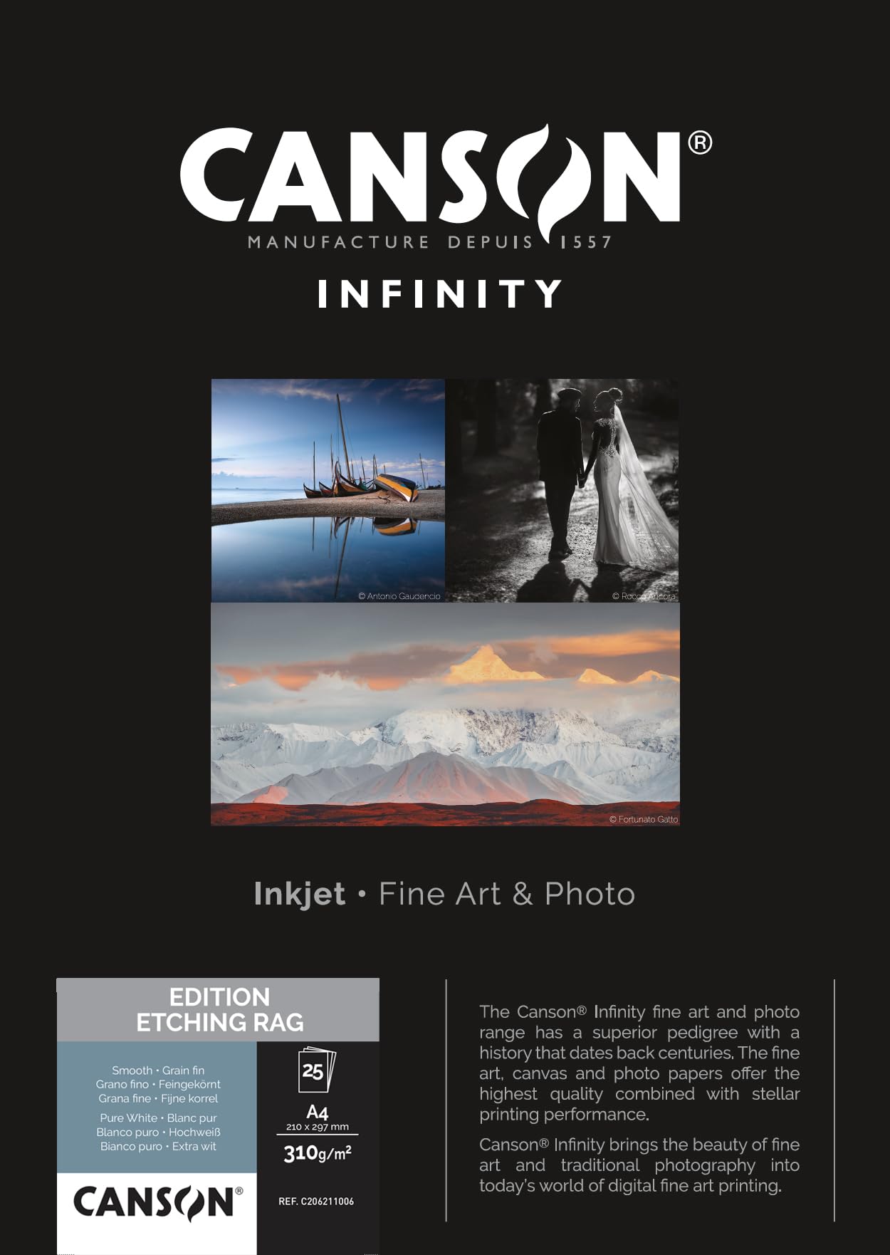 CANSON Infinity Edition Etching Rag Smooth 310gsm A4 Paper, Digital Fine Art Reproduction, 25 Pure White Sheets, Ideal for Professional Photographers โ image 1