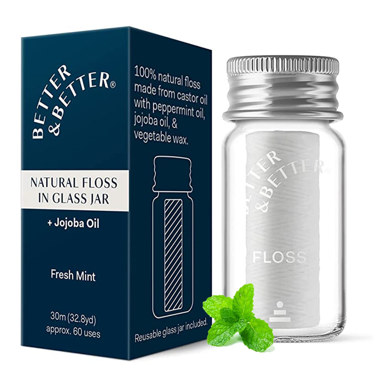 Photo 1 of Better & Better Natural Floss in Refillable Glass Jar | Waxed & Zero Plastic Oral Care - 100% Plant-Based, Vegan, Eco and Non Toxic Dental Floss, 1 Spool