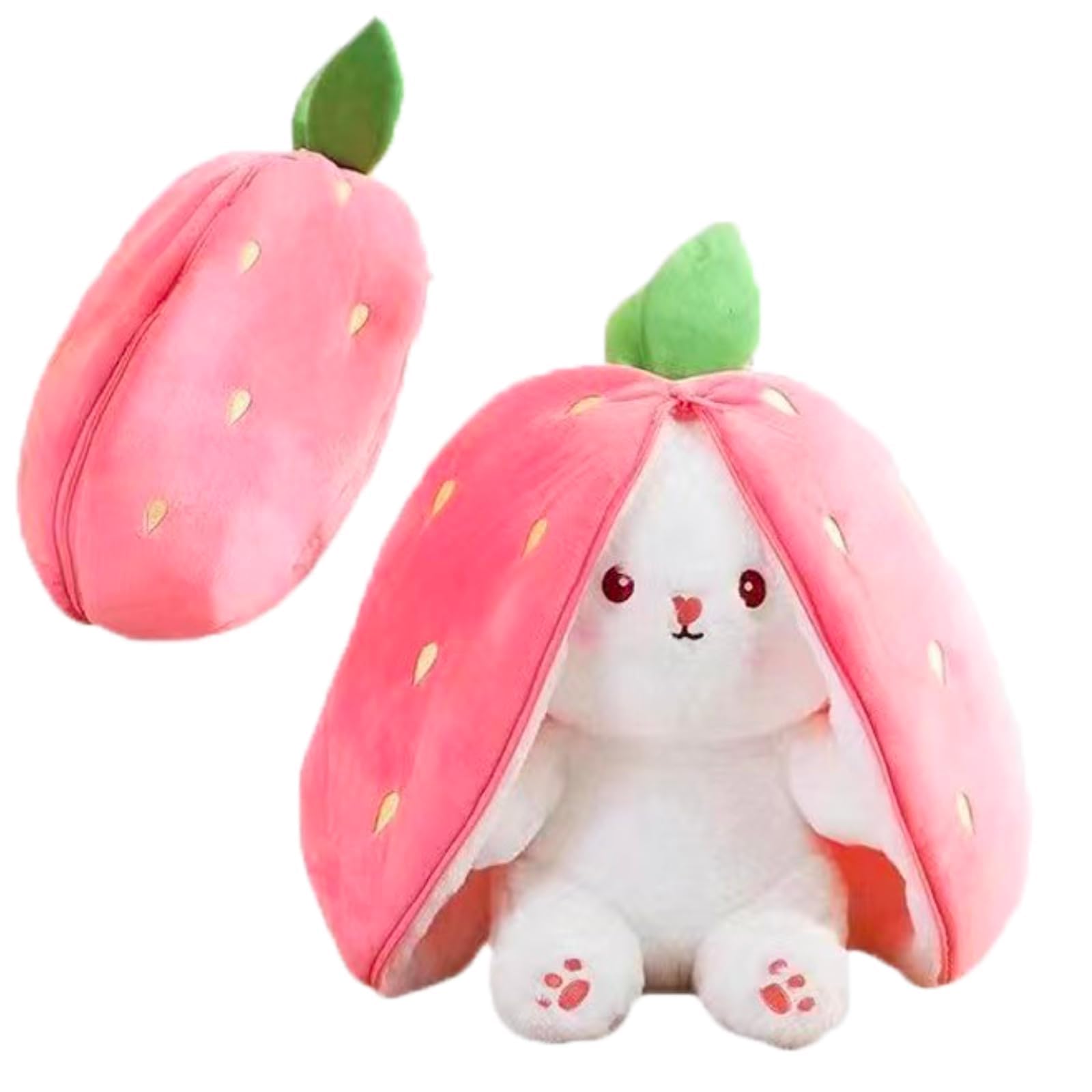 QyueQyat 1 Piece Strawberry Bunny Plush Toy, Reversible Rabbit Teddy with Magic Zipper, Hide and Seek Playtime Companion for people Ages 3-12, Soft Stuffed Animal Measures 25cm Open and 18cm Closed