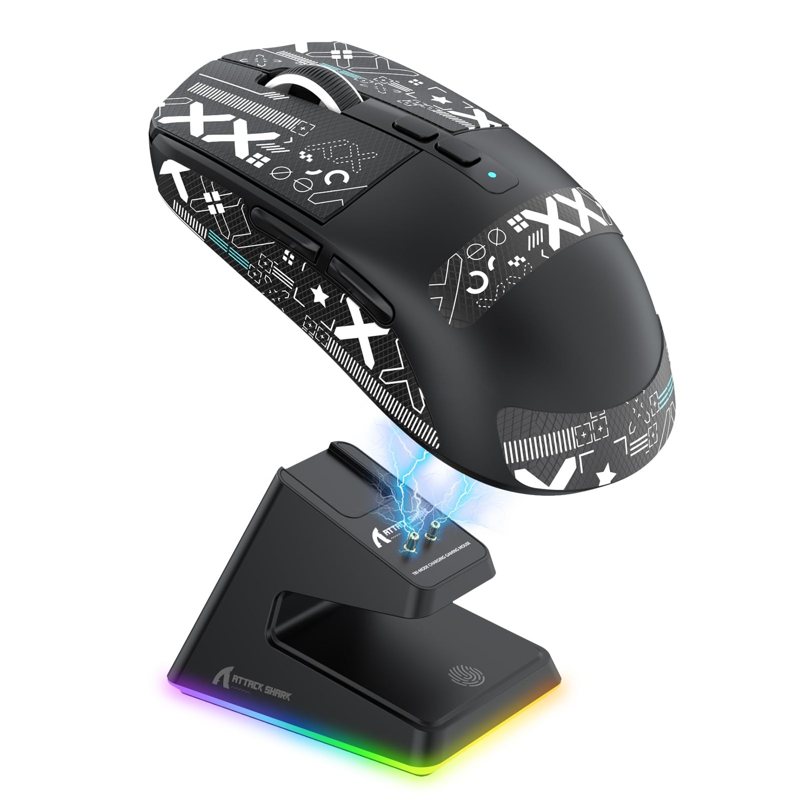 ATTACK SHARK X6 Lightweight Wireless Gaming Mouse with RGB Backlight Charging Base,Tri-Mode Wired/2.4GHz/BT5.2,26K DPI, PAW3395 Optical Sensor,HUANO Switch,5programmable Buttons,PC/Mac(Black+Sticker)