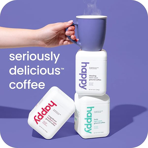 HAPPY COFFEE DARK ROAST GROUND COFFEE, 12 OZ., NOTES OF COCOA & CHEER, RECYCLABLE CONTAINER, GROWN & HARVESTED IN BRAZIL, RWANDA & COLOMBIA